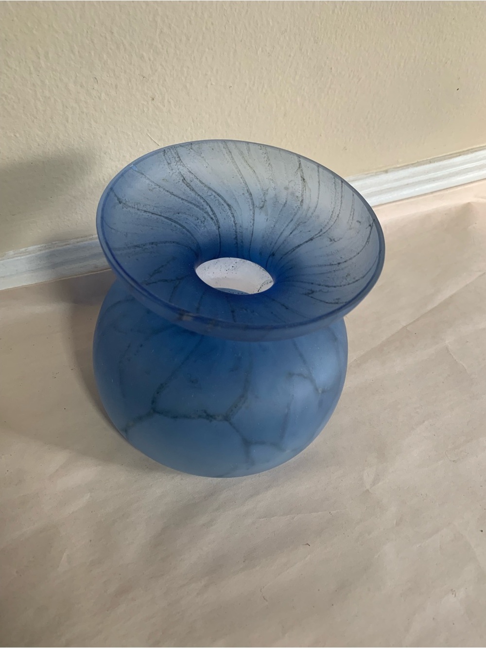 Vintage Blue Frosted Glass Vase Bowl Swirl Pattern Art Glass 5”Decorative Round